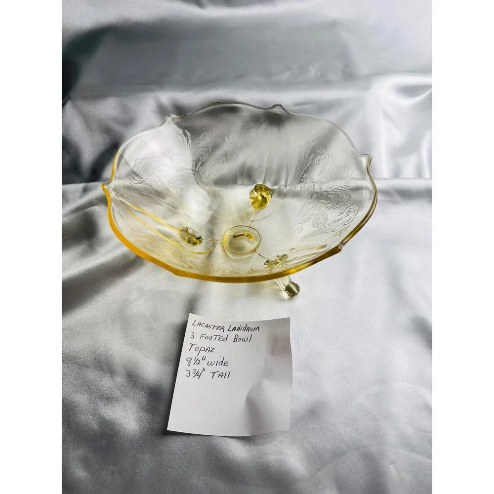 Lancaster Landrum Topaz Yellow Etched Glass 3 Footed Bowl Scalloped 8.5